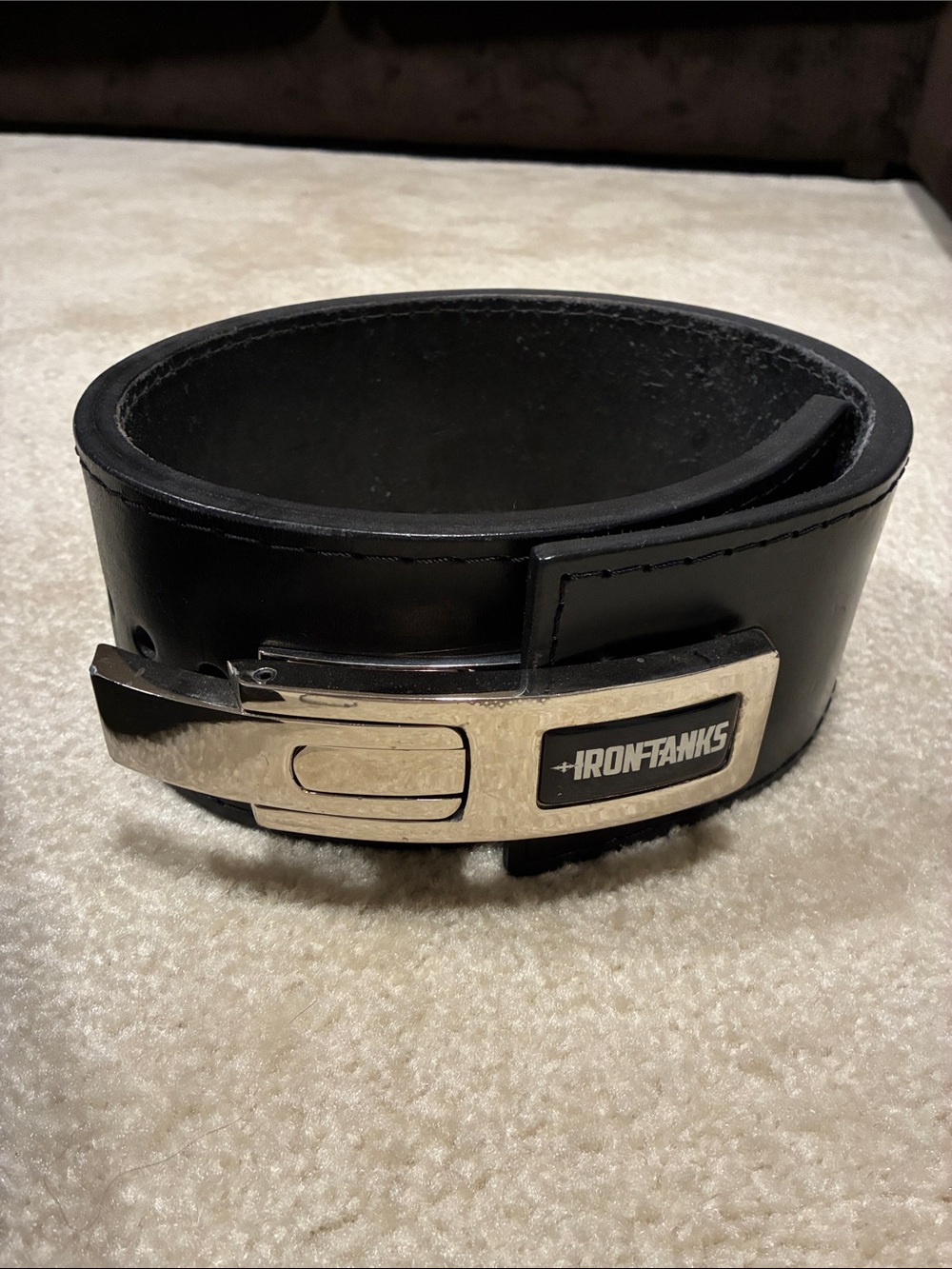 Iron Tanks Black Leather Weightlifting Belt with Metal Lever